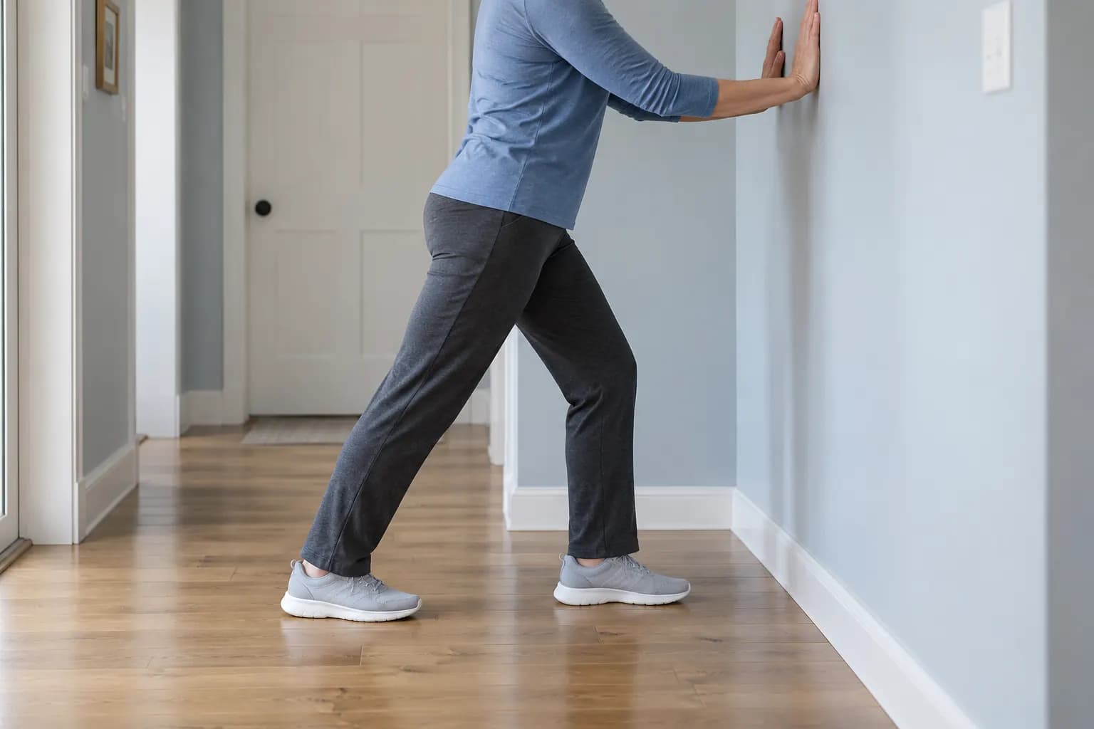An adult in trainers doing a gentle standing calf stretch beside a wall indoors