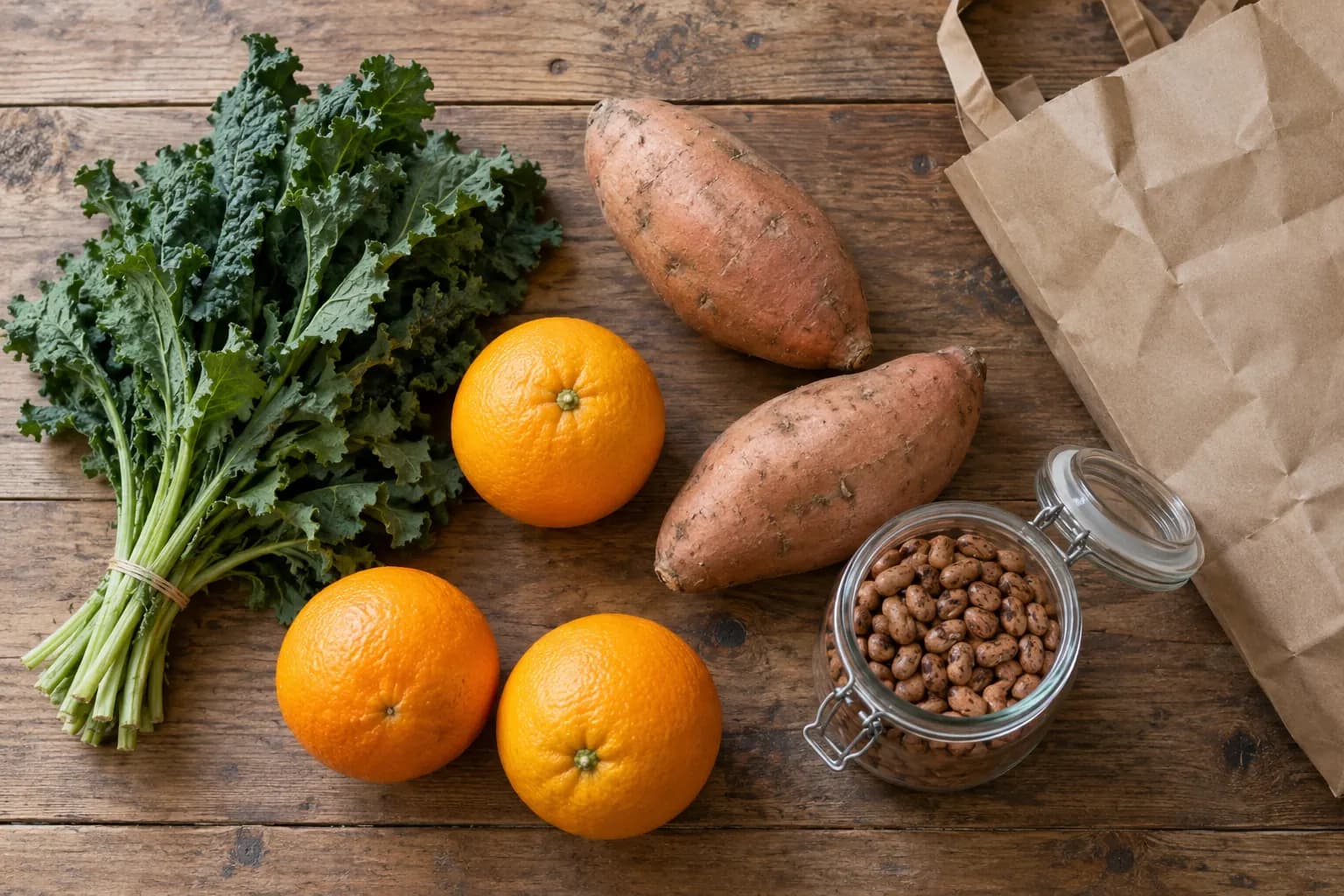 Oranges, leafy greens, sweet potatoes and a jar of dry beans on a wooden kitchen surface