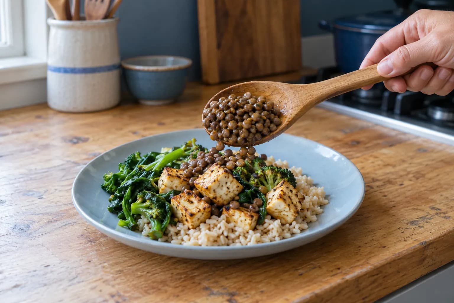 A hand serving cooked lentils onto a plate with tofu, rice and greens