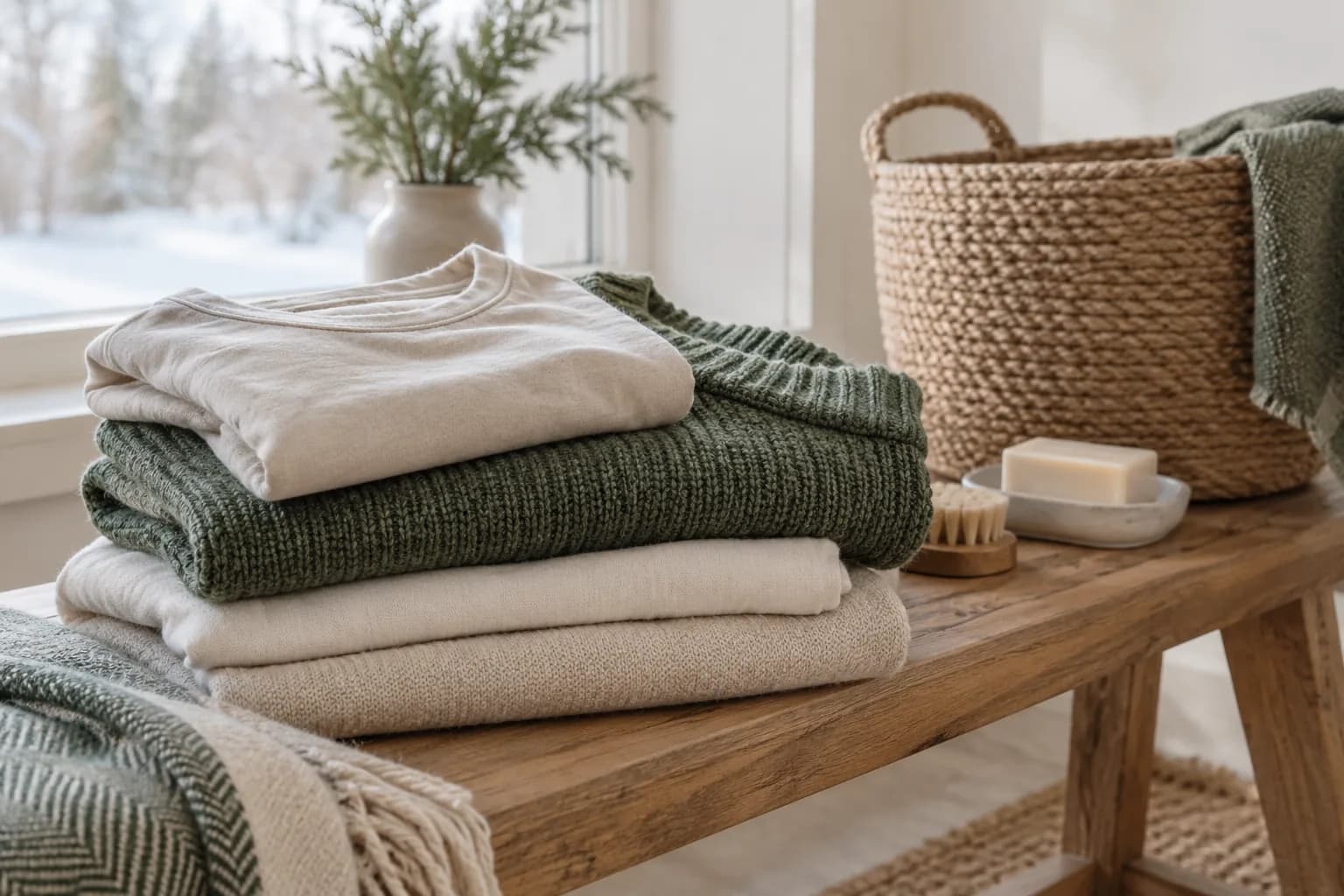 Folded cotton garments and a green knit sweater beside a laundry basket and winter window